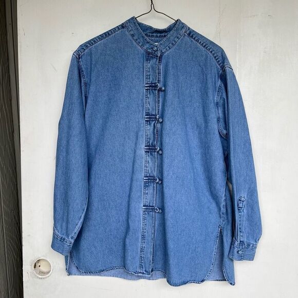 J. Jill Tops - VTG J. Jill Denim Mandarin Collar Frog Button Shirt Tunic Top M Hong Kong 100% C